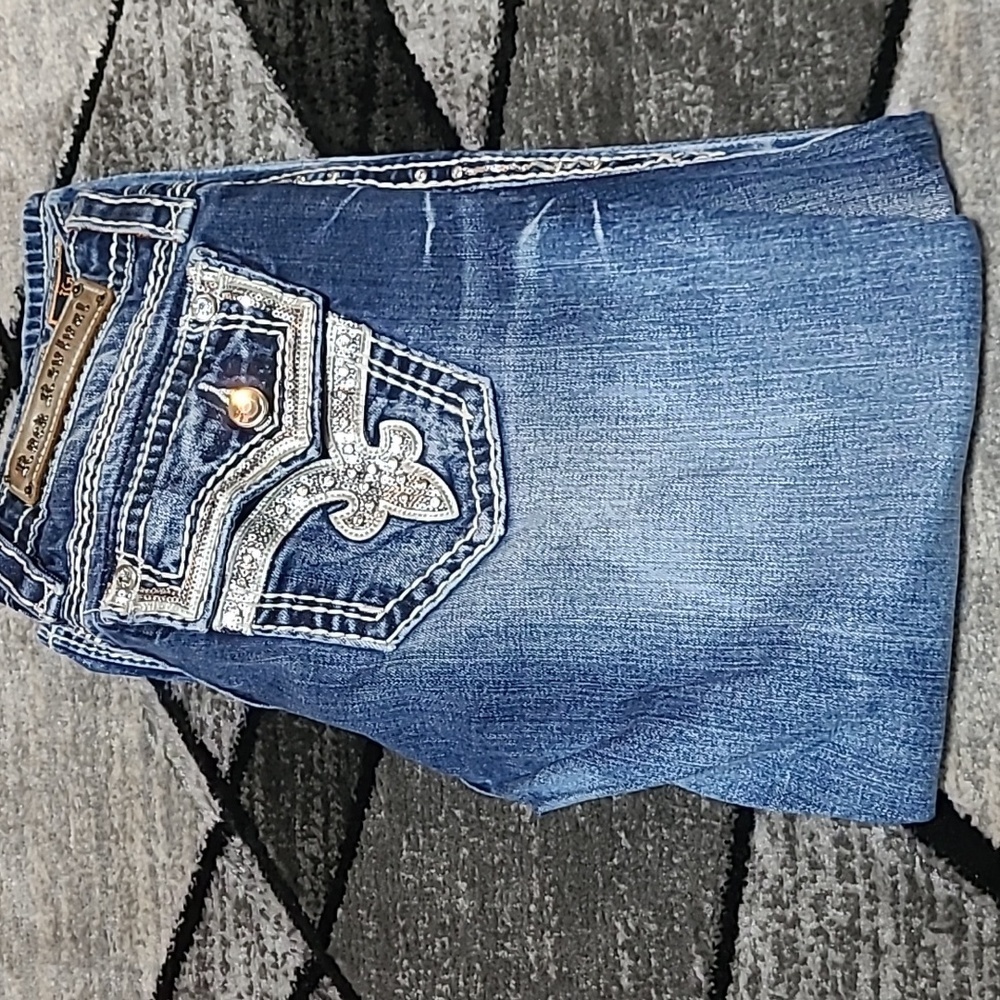 ROCK REVIVAL KAI RHINESTONES SEQUINS LEATHER TRIM CAPRI DENIM JEAN PRICE…
